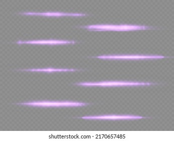 Horizontal light rays, flash purple horizontal lens flares pack, beautiful light flare, bright glare, laser beams, glow violet line on transparent background, vector illustration, eps 10.
