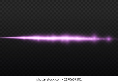 Horizontal light rays, flash purple horizontal lens flares pack, beautiful light flare, bright glare, laser beams, glow violet line on transparent background, vector illustration, eps 10.