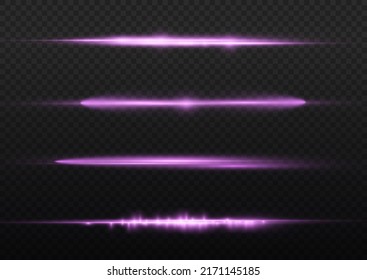 Horizontal light rays, flash purple horizontal lens flares pack, beautiful light flare, bright glare, laser beams, glow violet line on transparent background, vector illustration, eps 10.
