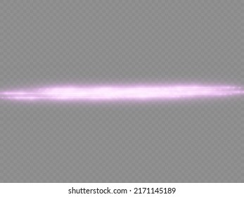 Horizontal light rays, flash purple horizontal lens flares pack, beautiful light flare, bright glare, laser beams, glow violet line on transparent background, vector illustration, eps 10.