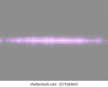 Horizontal light rays, flash purple horizontal lens flares pack, beautiful light flare, bright glare, laser beams, glow violet line on transparent background, vector illustration, eps 10.