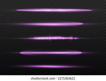 Horizontal light rays, flash purple horizontal lens flares pack, beautiful light flare, bright glare, laser beams, glow violet line on transparent background, vector illustration, eps 10.