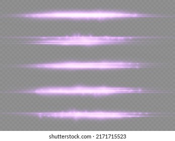 Horizontal light rays, flash purple horizontal lens flares pack, beautiful light flare, bright glare, laser beams, glow violet line on transparent background, vector illustration, eps 10.