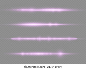 Horizontal light rays, flash purple horizontal lens flares pack, beautiful light flare, bright glare, laser beams, glow violet line on transparent background, vector illustration, eps 10.