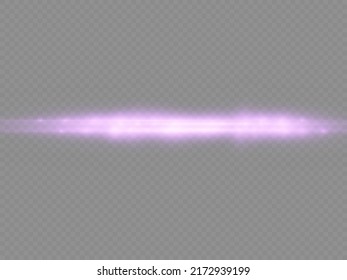 Horizontal light rays, flash purple horizontal lens flares pack, beautiful light flare, bright glare, laser beams, glow violet line on transparent background, vector illustration, eps 10.