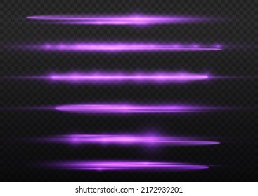 Horizontal light rays, flash purple horizontal lens flares pack, beautiful light flare, bright glare, laser beams, glow violet line on transparent background, vector illustration, eps 10.