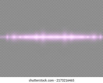 Horizontal light rays, flash purple horizontal lens flares pack, beautiful light flare, bright glare, laser beams, glow violet line on transparent background, vector illustration, eps 10.