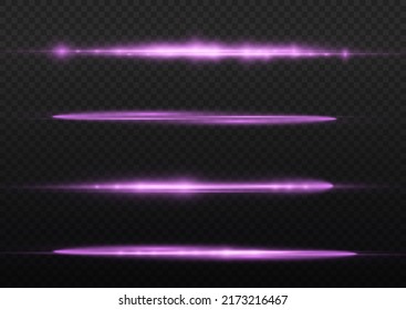Horizontal light rays, flash purple horizontal lens flares pack, beautiful light flare, bright glare, laser beams, glow violet line on transparent background, vector illustration, eps 10.