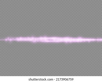 Horizontal light rays, flash purple horizontal lens flares pack, beautiful light flare, bright glare, laser beams, glow violet line on transparent background, vector illustration, eps 10.