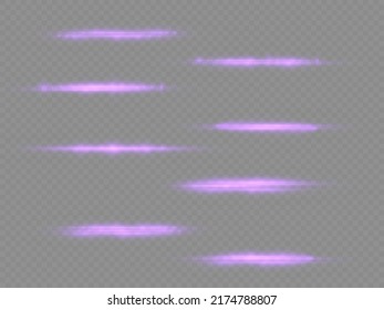 Horizontal light rays, flash purple horizontal lens flares pack, laser beams, glow violet line on transparent background, beautiful light flare, bright glare, vector illustration, eps 10.