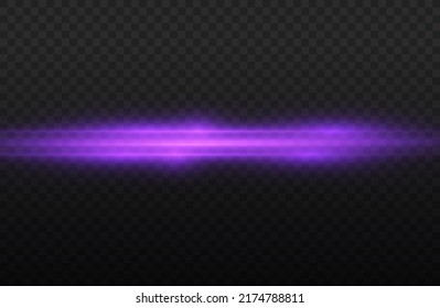 Horizontal light rays, flash purple horizontal lens flares pack, laser beams, glow violet line on transparent background, beautiful light flare, bright glare, vector illustration, eps 10.