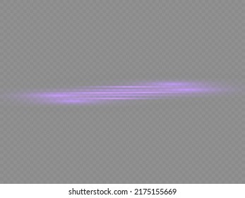 Horizontal light rays, flash purple horizontal lens flares pack, laser beams, glow violet line on transparent background, beautiful light flare, bright glare, vector illustration, eps 10.