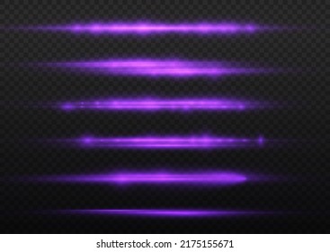 Horizontal light rays, flash purple horizontal lens flares pack, laser beams, glow violet line on transparent background, beautiful light flare, bright glare, vector illustration, eps 10.