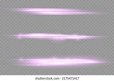 Horizontal light rays, flash purple horizontal lens flares pack, laser beams, glow violet line on transparent background, beautiful light flare, bright glare, vector illustration, eps 10.