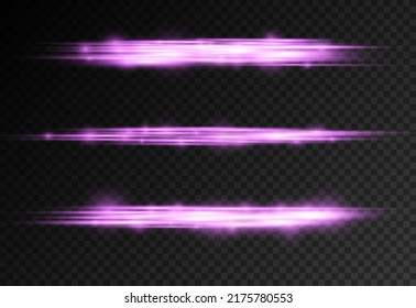 Horizontal light rays, flash purple horizontal lens flares pack, laser beams, glow violet line on transparent background, beautiful light flare, bright glare, vector illustration, eps 10.