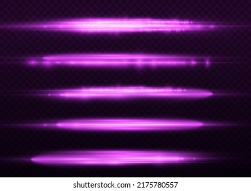 Horizontal light rays, flash purple horizontal lens flares pack, laser beams, glow violet line on transparent background, beautiful light flare, bright glare, vector illustration, eps 10.