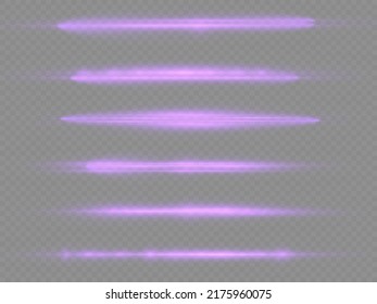 Horizontal light rays, flash purple horizontal lens flares pack, laser beams, glow violet line on transparent background, beautiful light flare, bright glare, vector illustration, eps 10.