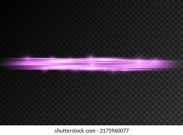 Horizontal light rays, flash purple horizontal lens flares pack, laser beams, glow violet line on transparent background, beautiful light flare, bright glare, vector illustration, eps 10.