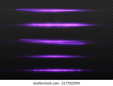 Horizontal light rays, flash purple horizontal lens flares pack, laser beams, glow violet line on transparent background, beautiful light flare, bright glare, vector illustration, eps 10.