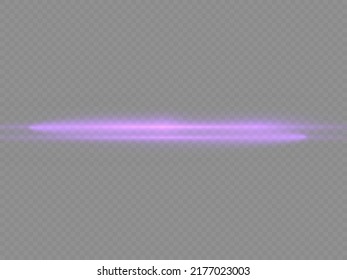 Horizontal light rays, flash purple horizontal lens flares pack, laser beams, glow violet line on transparent background, beautiful light flare, bright glare, vector illustration, eps 10.