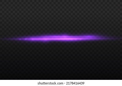 Horizontal light rays, flash purple horizontal lens flares pack, laser beams, glow violet line on transparent background, beautiful light flare, bright glare, vector illustration, eps 10.