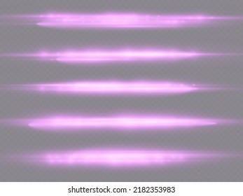 Horizontal light rays, flash purple horizontal lens flares pack, laser beams, glow violet line on transparent background, beautiful light flare, bright glare, vector illustration, eps 10.