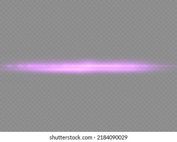 Horizontal light rays, flash purple horizontal lens flares pack, laser beams, glow violet line on transparent background, beautiful light flare, bright glare, vector illustration, eps 10.