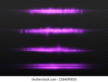 Horizontal light rays, flash purple horizontal lens flares pack, laser beams, glow violet line on transparent background, beautiful light flare, bright glare, vector illustration, eps 10.