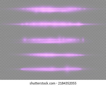Horizontal light rays, flash purple horizontal lens flares pack, laser beams, glow violet line on transparent background, beautiful light flare, bright glare, vector illustration, eps 10.