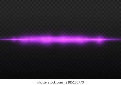 Horizontal light rays, flash purple horizontal lens flares pack, laser beams, glow violet line on transparent background, beautiful light flare, bright glare, vector illustration, eps 10.