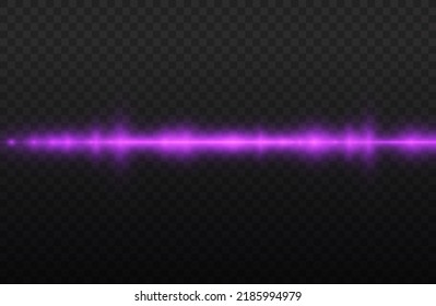 Horizontal light rays, flash purple horizontal lens flares pack, laser beams, glow violet line on transparent background, beautiful light flare, bright glare, vector illustration, eps 10.