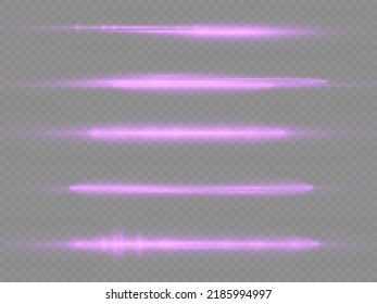 Horizontal light rays, flash purple horizontal lens flares pack, laser beams, glow violet line on transparent background, beautiful light flare, bright glare, vector illustration, eps 10.