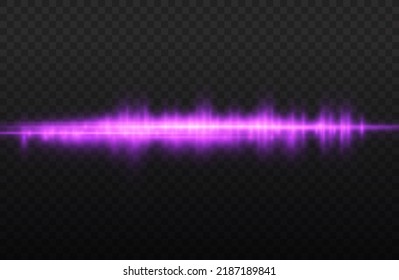 Horizontal light rays, flash purple horizontal lens flares pack, laser beams, glow violet line on transparent background, beautiful light flare, bright glare, vector illustration, eps 10.