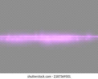 Horizontal light rays, flash purple horizontal lens flares pack, laser beams, glow violet line on transparent background, beautiful light flare, bright glare, vector illustration, eps 10.