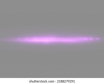 Horizontal light rays, flash purple horizontal lens flares pack, laser beams, glow violet line on transparent background, beautiful light flare, bright glare, vector illustration, eps 10.
