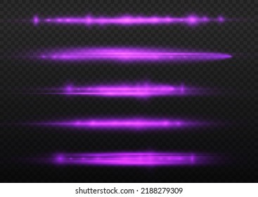 Horizontal light rays, flash purple horizontal lens flares pack, laser beams, glow violet line on transparent background, beautiful light flare, bright glare, vector illustration, eps 10.