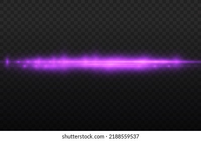 Horizontal light rays, flash purple horizontal lens flares pack, laser beams, glow violet line on transparent background, beautiful light flare, bright glare, vector illustration, eps 10.