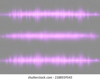 Horizontal light rays, flash purple horizontal lens flares pack, laser beams, glow violet line on transparent background, beautiful light flare, bright glare, vector illustration, eps 10.