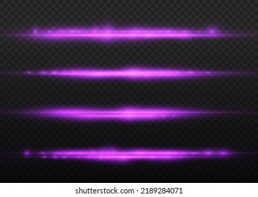 Horizontal light rays, flash purple horizontal lens flares pack, laser beams, glow violet line on transparent background, beautiful light flare, bright glare, vector illustration, eps 10.