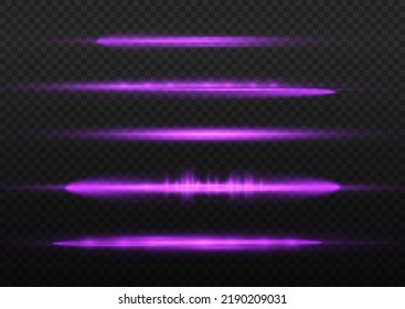Horizontal light rays, flash purple horizontal lens flares pack, laser beams, glow violet line on transparent background, beautiful light flare, bright glare, vector illustration, eps 10.