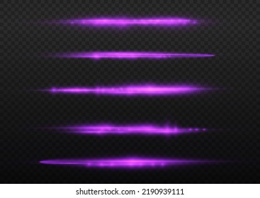Horizontal light rays, flash purple horizontal lens flares pack, laser beams, glow violet line on transparent background, beautiful light flare, bright glare, vector illustration, eps 10.