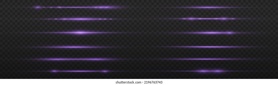 Horizontal light rays, flash purple horizontal lens flares pack, laser beams, glow violet line on transparent background, beautiful light flare, bright glare, vector illustration, eps 10.