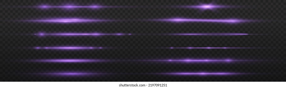 Horizontal light rays, flash purple horizontal lens flares pack, laser beams, glow violet line on transparent background, beautiful light flare, bright glare, vector illustration, eps 10.