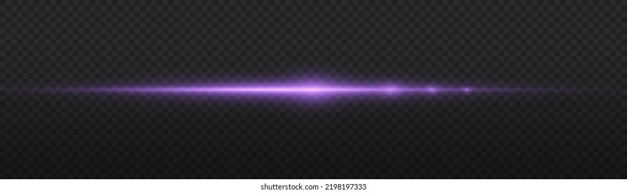 Horizontal light rays, flash purple horizontal lens flares pack, laser beams, glow violet line on transparent background, beautiful light flare, bright glare, vector illustration, eps 10.