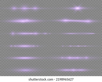 Horizontal light rays, flash purple horizontal lens flares pack, laser beams, glow violet line on transparent background, beautiful light flare, bright glare, vector illustration, eps 10.
