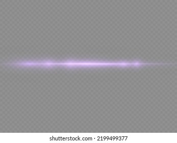 Horizontal light rays, flash purple horizontal lens flares pack, laser beams, glow violet line on transparent background, beautiful light flare, bright glare, vector illustration, eps 10.