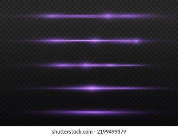 Horizontal light rays, flash purple horizontal lens flares pack, laser beams, glow violet line on transparent background, beautiful light flare, bright glare, vector illustration, eps 10.