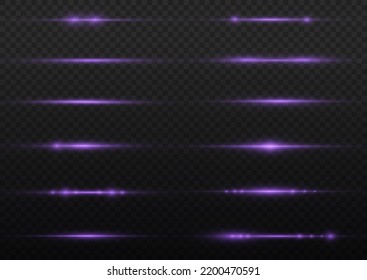 Horizontal light rays, flash purple horizontal lens flares pack, laser beams, glow violet line on transparent background, beautiful light flare, bright glare, vector illustration, eps 10.