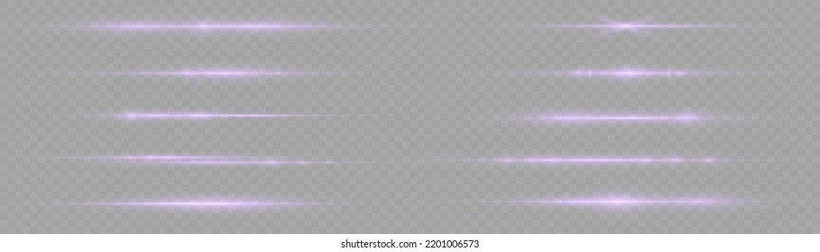 Horizontal light rays, flash purple horizontal lens flares pack, laser beams, glow violet line on transparent background, beautiful light flare, bright glare, vector illustration, eps 10.