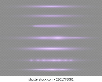 Horizontal light rays, flash purple horizontal lens flares pack, laser beams, glow violet line on transparent background, beautiful light flare, bright glare, vector illustration, eps 10.